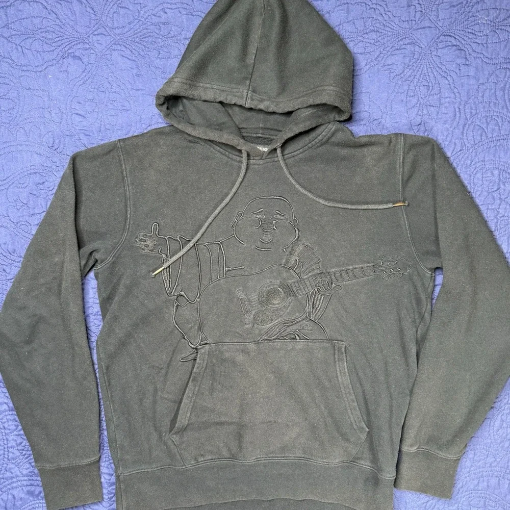 True Religion Hoodie Buddha Guitar Graphic Charcoal‎ Gray Pullover S/P FADE